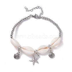 Natural Cowrie Shell Beads Anklet, Starfish & Shell Shape Charm Anklet for Girl Women, Platinum, White, 8-7/8 inch(22.5cm)(AJEW-AN00458)