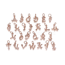 Brass Charms, with Cubic Zirconia and Shell Pearl Bead, Letter, Rose Gold, Clear, 9.5~11x3.5~10.8x3~3.5mm, Hole: 3.5mm(KK-L179-08-RG)