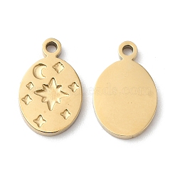 Ion Plating(IP) 316L Surgical Stainless Steel Charms, Nickel Free, Oval with Star & Moon Charm, Real 18K Gold Plated, 12.4x8x1.4mm, Hole: 1.2mm(STAS-H213-03G)