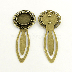 Iron Bookmark Cabochon Setting, with Alloy Flat Round Tray, Lead Free & Nickel Free & Cadmium Free, Antique Bronze, 79x31x3mm, Tray: 20mm(X-PALLOY-S033-13AB-NR)