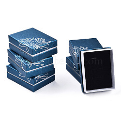 Cardboard Jewelry Set Boxes, Flower Printed Outside and Black Sponge Inside, Rectangle, Marine Blue, 9.1x6.9x3.5cm(CBOX-T005-02C)