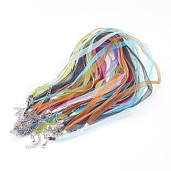 Mixed Jewelry Making Necklace Cord, Organza Ribbon & Waxed Cotton Cord & Iron Clasp,  Size: about 17 inch, 6mm wide, iron tail chain: 45x3.5mm, lobster clasps: 12x7mm(X-FIND-R001-M)