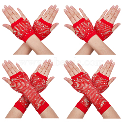 4Pairs 2 Styles Women Nylon Mesh Gloves, with Rhinestones, Halloween Party Elastic Fingerless Gloves, Red, 85~230x70~85x2~2.5mm, 2pairs/style(AJEW-CY0001-08B)
