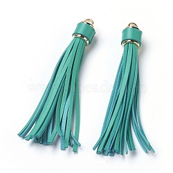 PU Leather Cord Tassel Big Pendants, with Plastic Clasps, Light Sea Green, 110~115x15mm, Hole: 4mm(IFIN-F149-I07)