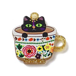 Acrylic Pendants, Cat Theme Cup, Colorful, 21.5x22x2.5mm, Hole: 1.6mm(FIND-M035-06A)