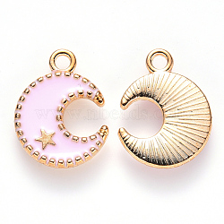 Alloy Enamel Pendants, Moon & Star, Light Gold, Pink, 16x13x2mm, Hole: 1.8mm(X-ENAM-S121-063A)