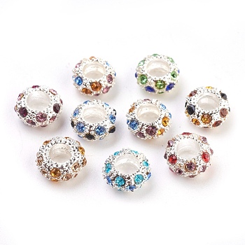 Alloy European Beads, with Rhinestone Beads, Rondelle, Silver Metal Color, Mixed Color, 11x5.5mm, Hole: 5mm
