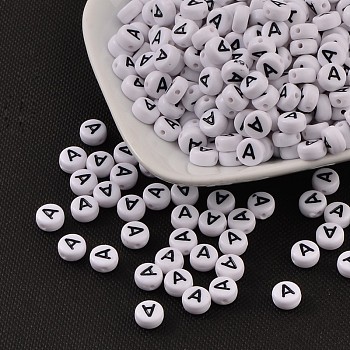 Acrylic Beads, with Horizontal Hole, Letter, Flat Round, Letter.A, 7x4mm, Hole: 1mm, about 3500pcs/500g