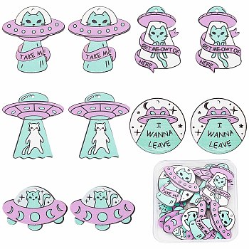20Pcs 5 Style Opaque Acrylic Pendants, UFO Theme, UFO with Cat & Flat Round with UFO & Word I Wanna Leave, Mixed Color, 26~39x26~38.5x2mm, Hole: 1.8mm, 4pcs/style