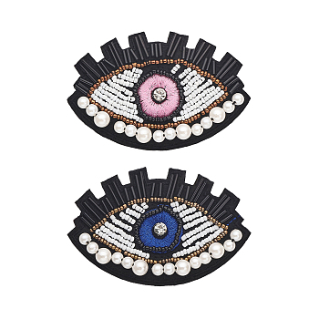 4Pcs 2 Colors Computerized Embroidery Cloth Iron On Patches, Stick On Patch, Costume Accessories, Plastic Beaded Appliques, with Crystal Rhinestone, Eye, Mixed Color, 59x91x9mm, 2pcs/color