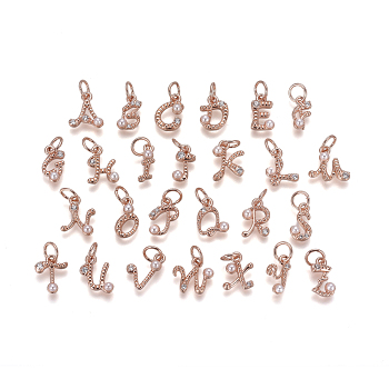 Brass Charms, with Cubic Zirconia and Shell Pearl Bead, Letter, Rose Gold, Clear, 9.5~11x3.5~10.8x3~3.5mm, Hole: 3.5mm