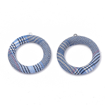 Cloth Fabric Covered Pendants, with Aluminum Bottom, Ring, Platinum, Dodger Blue, 40x36x4mm, Hole: 1mm