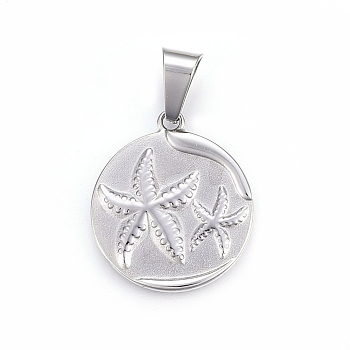 304 Stainless Steel Pendants, Flat Round with Starfish/Sea Stars, Stainless Steel Color, 28x25x3mm, Hole: 10x6mm