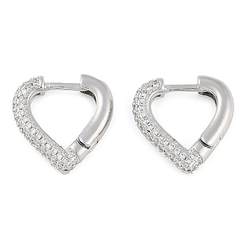 Brass Pave Clear Cubic Zirconia Hoop Earrings for Women, Heart, Platinum, 16x3.5mm