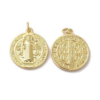 Eco-Friendly Rack Plating Brass Pendants, Long-Lasting Plated, Lead Free & Cadmium Free, Flat Round with Cssml Ndsmd Cross God Father Religious Christianity, Real 18K Gold Plated, 23x20x2mm, Hole: 3mm