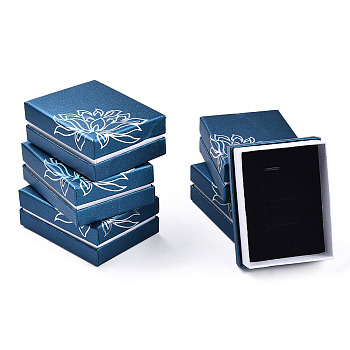 Cardboard Jewelry Set Boxes, Flower Printed Outside and Black Sponge Inside, Rectangle, Marine Blue, 9.1x6.9x3.5cm