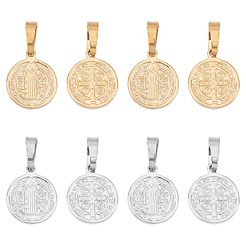 304 Stainless Steel Pendants, Religion, Flat Round with Saint Benedict, Golden & Stainless Steel Color, 15x12x2mm, Hole: 5x3mm, 2 colors, 8pcs/color, 16pcs/box