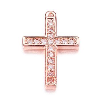 Brass Micro Pave Cubic Zirconia Charms, Latin Cross, Rose Gold, 15x10x2mm, Hole: 1mm