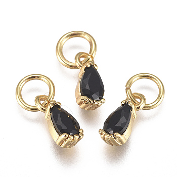Brass Micro Pave Cubic Zirconia Charms, with Jump Ring, Long-Lasting Plated, Real 18K Gold Plated, Faceted, Teardrop, Black, 8x3x3mm, Hole: 3mm