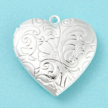 Brass Locket Pendants, Photo Frame Pendants for Necklaces, Cadmium Free & Lead Free, Heart with Flower Charm, Silver, 29x28.5x7mm, Hole: 2mm, Inner Diameter: 20x21mm