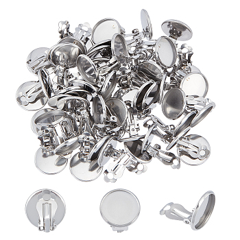 50Pcs 304 Stainless Steel Clip-on Earring Setting, Flat Round, Stainless Steel Color, 16x16x9mm, Hole: 3mm, Inner Diameter: 14mm