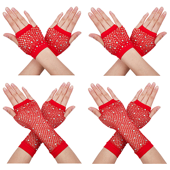 4Pairs 2 Styles Women Nylon Mesh Gloves, with Rhinestones, Halloween Party Elastic Fingerless Gloves, Red, 85~230x70~85x2~2.5mm, 2pairs/style