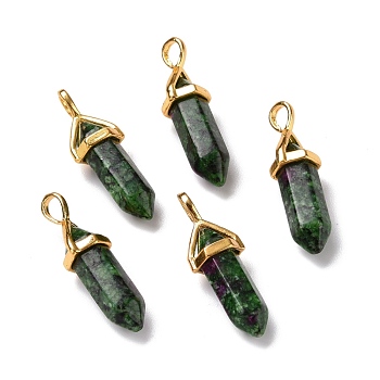 Natural Ruby in Zoisite Pendants, Faceted, with Golden Tone Brass Findings, Lead free & Cadmium Free, Dyed, Bullett, 27~30x9~10x7~8mm, Hole: 4x3mm