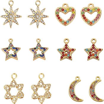 SUPERFINDINGS 12Pcs 6 Style Alloy Rhinestone Pendants, Mixed Shape, Golden, Colorful, 12.5~24x9~22x1.5~4mm, hole: 1.2~1.4mm, 2pcs/style