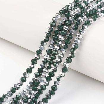 Electroplate Opaque Glass Beads Strands, Half Silver Plated, Faceted, Rondelle, Dark Green, 4x3mm, Hole: 0.4mm, about 145pcs/strand, 18.9 inch(48cm)