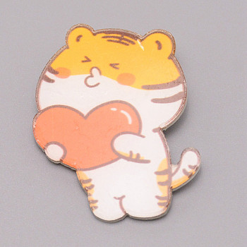 Tiger with Heart Chinese Zodiac Acrylic Brooch, Lapel Pin for Chinese Tiger New Year Gift, White, Light Salmon, 42x33.5x7mm