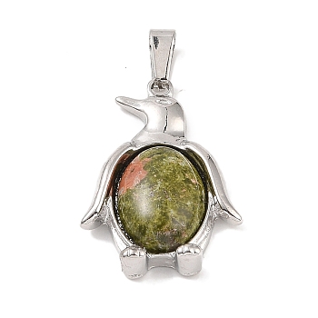 Natural Unakite Pendants, with Alloy and Iron Findings, Penguin, Platinum, 34x23.5x7mm, Hole: 8x4mm