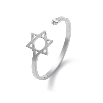 304 Stainless Steel With Rhinestone Open Rings for Women, Stainless Steel Color, Inner Diameter: 18.5mm