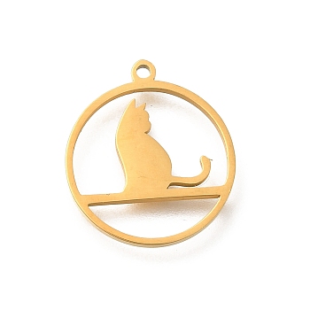 304 Stainless Steel Pendants, Laser Cut, Ring with Cat Charm, Real 18K Gold Plated, 17.5x15.5x1mm, Hole: 1.2mm