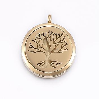 304 Stainless Steel Magnetic Diffuser Locket Pendants, Flat Round with Tree of Life, Golden, 36x30x5.5mm, Hole: 4.5mm, 23mm Inner Diameter