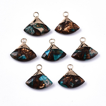 Fan Assembled Synthetic Bronzite and Regalite/Imperial Jasper Pendants, with Iron Loop and Light Gold Plated Brass Top, Dyed, Deep Sky Blue, 18~19x18~19x5~6mm, Hole: 2mm