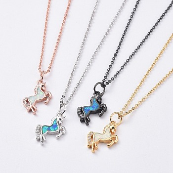 Unicorn Brass Pendant Necklaces, with Micro Pave Cubic Zirconia, Synthetic Opal, Brass Cable Chains and Cardboard Box, Mixed Color, 17.5 inch(44.5cm), 1mm