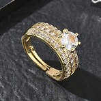 Adjustable Brass Finger Rings with Round Cubic Zirconia Center & Baguette Accents for Women, Long-Lasting Plated, Golden, Round: 8x6mm, Inner Diameter: 17mm(CU-CBA7E55-16G)