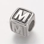 Tarnish Resistant 304 Stainless Steel European Beads, Horizontal Hole, Large Hole Beads, Cube with Letter.M, 8x8x8mm, Hole: 4mm(STAS-E115-P-M)