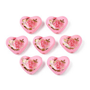 Flower Printed Opaque Acrylic Heart Beads, Pink, 16x19x8mm, Hole: 2mm(SACR-S305-28-H04)