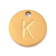 Ion Plating(IP) 304 Stainless Steel Pendants, Laser Cut, Flat Round with Letter Charm, Golden, Letter K, 10x1mm, Hole: 1.4mm(FIND-M017-02G-K)