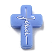 Cross with Word Jesus Silicone Focal Beads, Chewing Beads For Teethers, DIY Nursing Necklaces Making, Cornflower Blue, 30x22x8mm, Hole: 2mm(SIL-G006-01C)