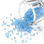 11/0 Grade A Round Glass Seed Beads, Transparent Inside Colours, Luster Plated, Deep Sky Blue, 2.3x1.5mm, Hole: 1mm, about 48500pcs/pound(SEED-N001-F-256)