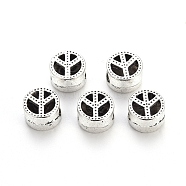 Tibetan Style Alloy European Beads, Large Hole Beads, Cadmium Free & Lead Free, Flat Round with Peace Sign, Antique Silver, 11x7mm, Hole: 5mm, about 460pcs/1000g(TIBE-N006-72AS-LF)