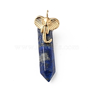 Elephant Natural Lapis Lazuli Pointed Pendants, with Ion Plating(IP) Platinum & Golden Tone 304 Stainless Steel Findings, Faceted Bullet Charm, 42mm, Elephant: 19x14x3.5mm, Bullet: 32.5x8x8.5mm, Hole: 2.7mm(G-I333-06D)