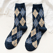 Wool Knitting Socks, Rhombus Pattern Crew Socks, Winter Warm Thermal Socks, Prussian Blue, 10mm(COHT-PW0001-59D)