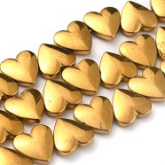 Non-magnetic Synthetic Hematite Beads Strands, Galvanic Plating(Color Retention for 1 Year), Heart, Golden Plated, 10x10x3mm, Hole: 1mm, about 46pcs/strand, 16.14 inch(41cm)(G-B014-10C-06)