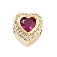 Heart Rack Plating Brass Micro Pave Cubic Zirconia European Beads, Large Hole Beads, Cadmium Free & Lead Free, Long-Lasting Plated, Real 18K Gold Plated, Deep Pink, 11x11x10mm, Hole: 4.5mm(KK-B097-07G-01)