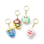 Cartoon Animal Keychain, Owl & Pig & Monkey & Elephant PVC Plastic Pendant Keychain, with Iron Findings, Mixed Color, 9.2~9.7cm, 4pcs/set(KEYC-JKC00372)