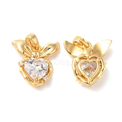 Brass with Cubic Zirconia Pendants, Hearts with Bowknot, Real 18K Gold Plated, 17x16x5mm, Hole: 4x2.5mm(KK-M243-24G)