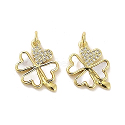 Brass Micro Pave Clear Cubic Zirconia Pendants, with Shell, Jump Rings, Real 18K Gold Plated, Clover, 19.5x15x2mm, Hole: 3.5mm(KK-K365-05G-G)